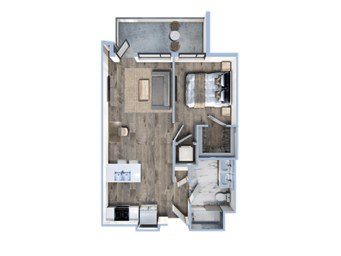 3d floor plan of a house with a bedroom and a living room