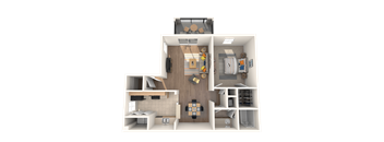 a 3d rendering of a bedroom and living room with a wood floor