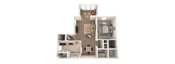 a 3d rendering of a bedroom and living room