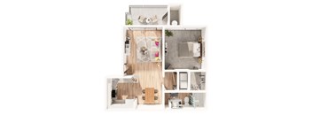 A floor plan of a house with a kitchen, living room, and bathroom.