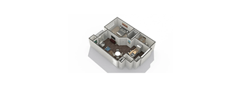 A 3D rendered image of a house layout.