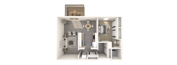 A 3D floor plan of a small apartment with a kitchen, living room, and bathroom.