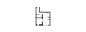 A floor plan of a small apartment with a living room, kitchen, and bedroom.