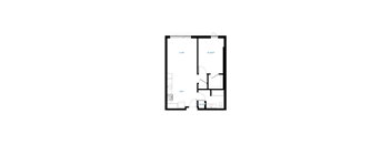 A floor plan of a room with labeled areas for living, sleeping, eating and a wet bar.