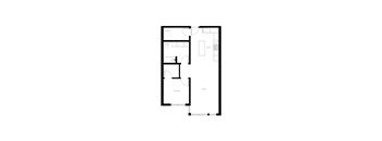 A floor plan of a small apartment with a living room, kitchen, and two bedrooms.