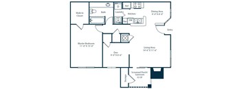 A floor plan of a house with a living area, dining area, kitchen, bathroom, and two bedrooms.