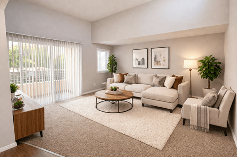 A living room with a white couch, a coffee table, and a potted plant.