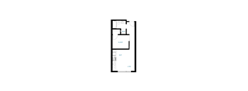 A floor plan of a small apartment with a sleeping area, a living area, and a kitchen.