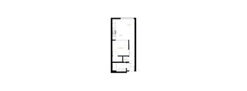 A floor plan of a small apartment with a living room, kitchen, and bathroom.