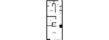 A floor plan of a house with a living room, bedroom, bathroom, and closet.
