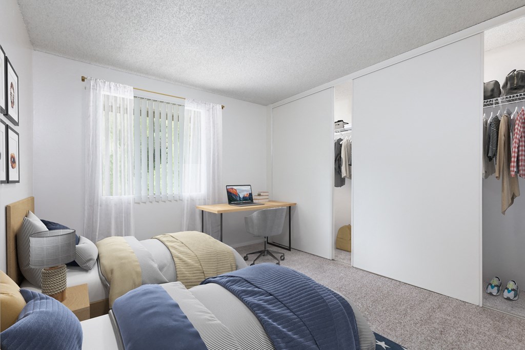 Two Bedroom Apartments in Santa Cruz CA - Cypress Point - Spacious Bedroom Furnished with Two Beds, Carpeted Floor, Nightstand, Desk, and Large Closets