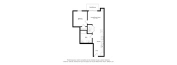A floor plan of a home with a bedroom, bathroom, living/dining room, kitchen, and entry.