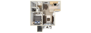 A 3D floor plan of a small apartment with two bedrooms, a living room, and a kitchen.