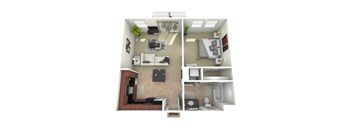 A 3D rendered image of a small apartment with a living room, kitchen, and bathroom.