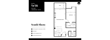 A floor plan for a 1x1A property with a living room, dining room, kitchen, bath, and bedroom.