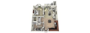 A 3D rendered image of a small apartment layout.