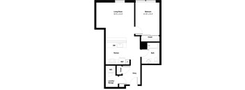 A floor plan of a small apartment with a living room, bedroom, kitchen, and bathroom.