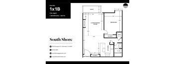 A floor plan with a deck, bath, and living/dining room.