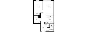A black and white image of a floor plan for a small apartment.