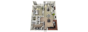 A 3D rendered image of a small apartment layout.
