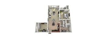 A 3D image of a house layout with a kitchen, living room, and bathroom.