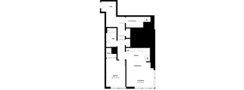 A floor plan of a home with a bedroom, living room, kitchen, dining room, bath, closet, laundry/storage, and an entry.