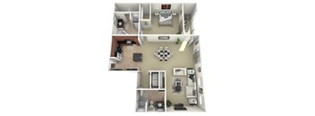 A 3D floor plan of a small apartment with a kitchen, living room, and bedroom.
