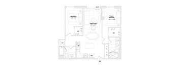 A floor plan of an apartment with two bedrooms, a great room, and a kitchen.