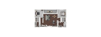 A 3D floor plan of a house showing a kitchen, living room, and two bedrooms.