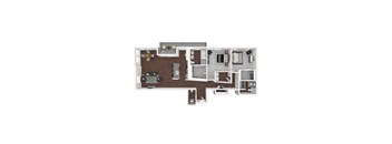 A floor plan of a house with a kitchen, living room, and two bedrooms.