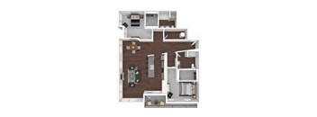 A 3D floor plan of a house showing a kitchen, living room, and bathroom.