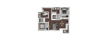 A top-down view of a house layout with a kitchen, living room, and bathroom.