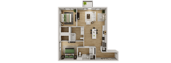 a 3d rendering of a bedroom and living room with a wood floor