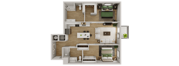 a 3d rendering of a bedroom and living room floor plan