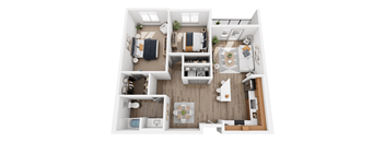 A top-down view of a well-organized apartment with a kitchen, living room, and bedrooms.