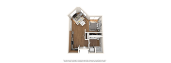 A floor plan of a small apartment with a kitchen, living room, and bedroom.