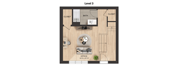 A drawing of a floor plan for a Level 3 apartment with an office, bathroom, and closet.