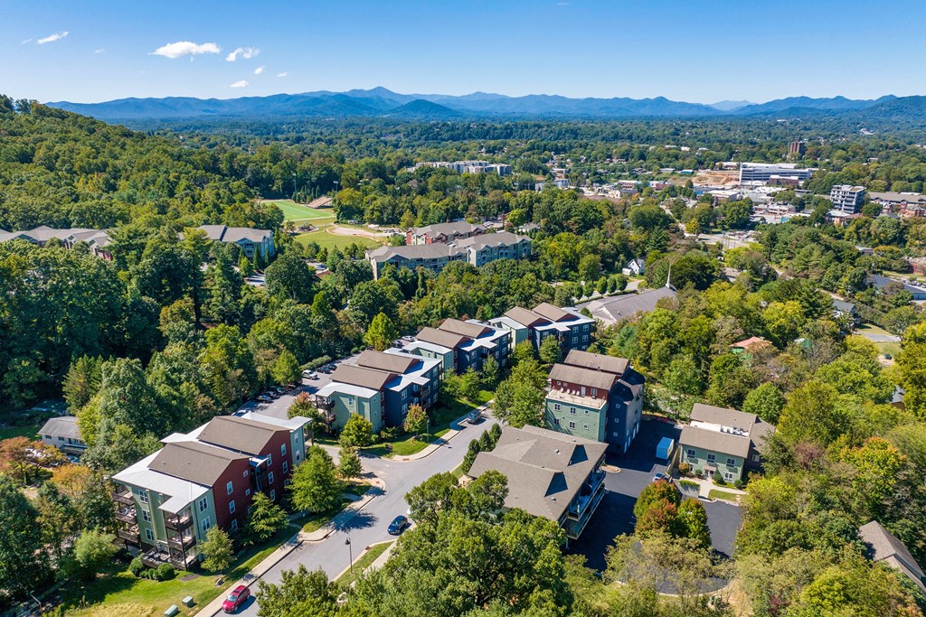 Aerial image of Sky Loft with mountains in background