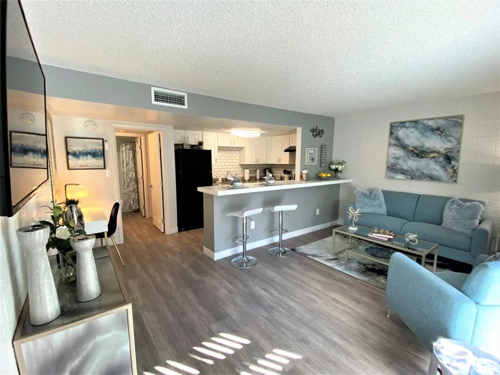 model kitchen and living room