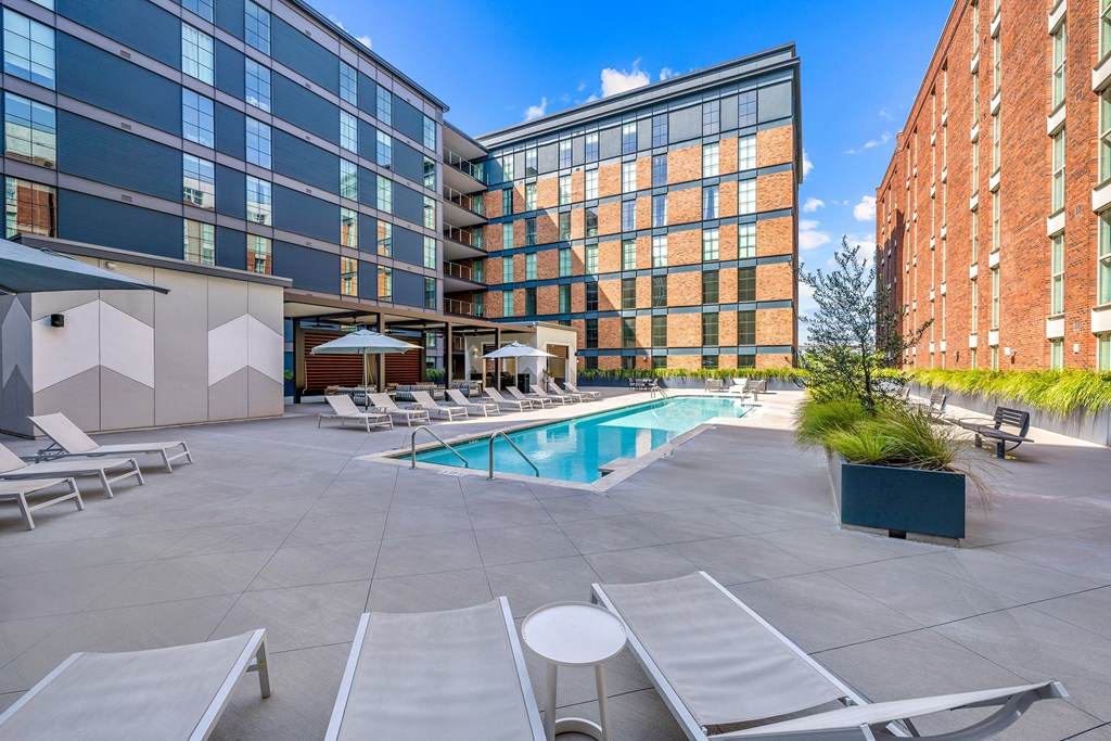A pool surrounded by sun loungers and umbrellas.