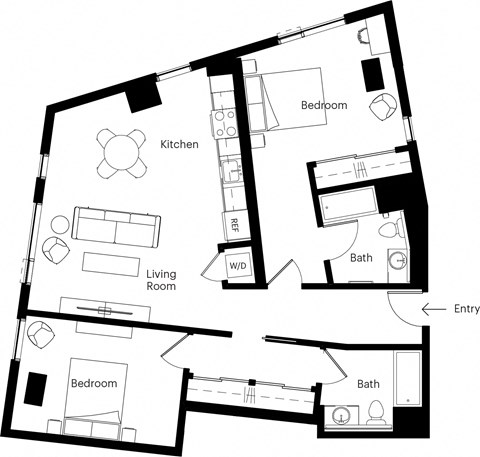 floor plan of the upper level of a compact apartment