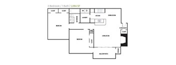 A floor plan of a 2 bedroom apartment with 1 bathroom.