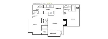 A floor plan of a 2 bedroom apartment with 2 bathrooms.