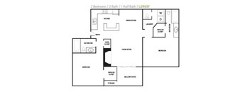 A floor plan of a 2 bedroom apartment with 2 bathrooms and a half bath.