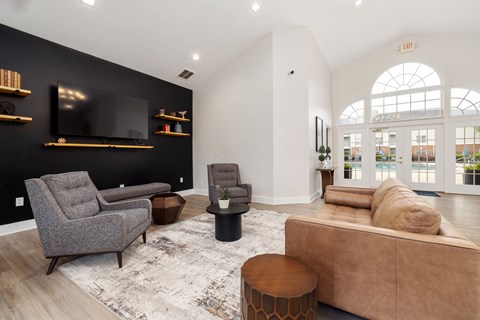 clubhouse with a brown couch, grey chair, and a TV