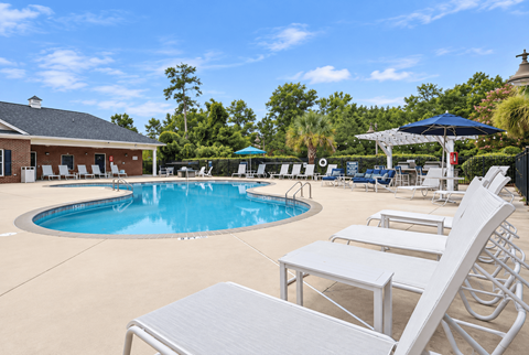 A pool surrounded by sun loungers and umbrellas.