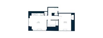 A floor plan of a living room, bedroom, and bathroom.