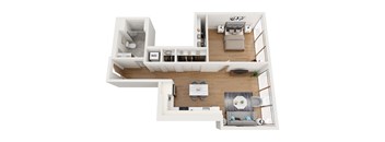 a stylized floor plan with a bedroom and a living room
