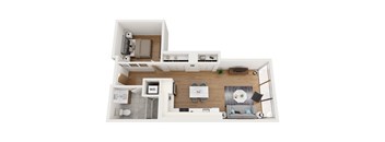 a stylized floor plan with a bedroom and a living room