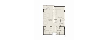 A floor plan of a small apartment with a living room, kitchen, bathroom, and bedroom.